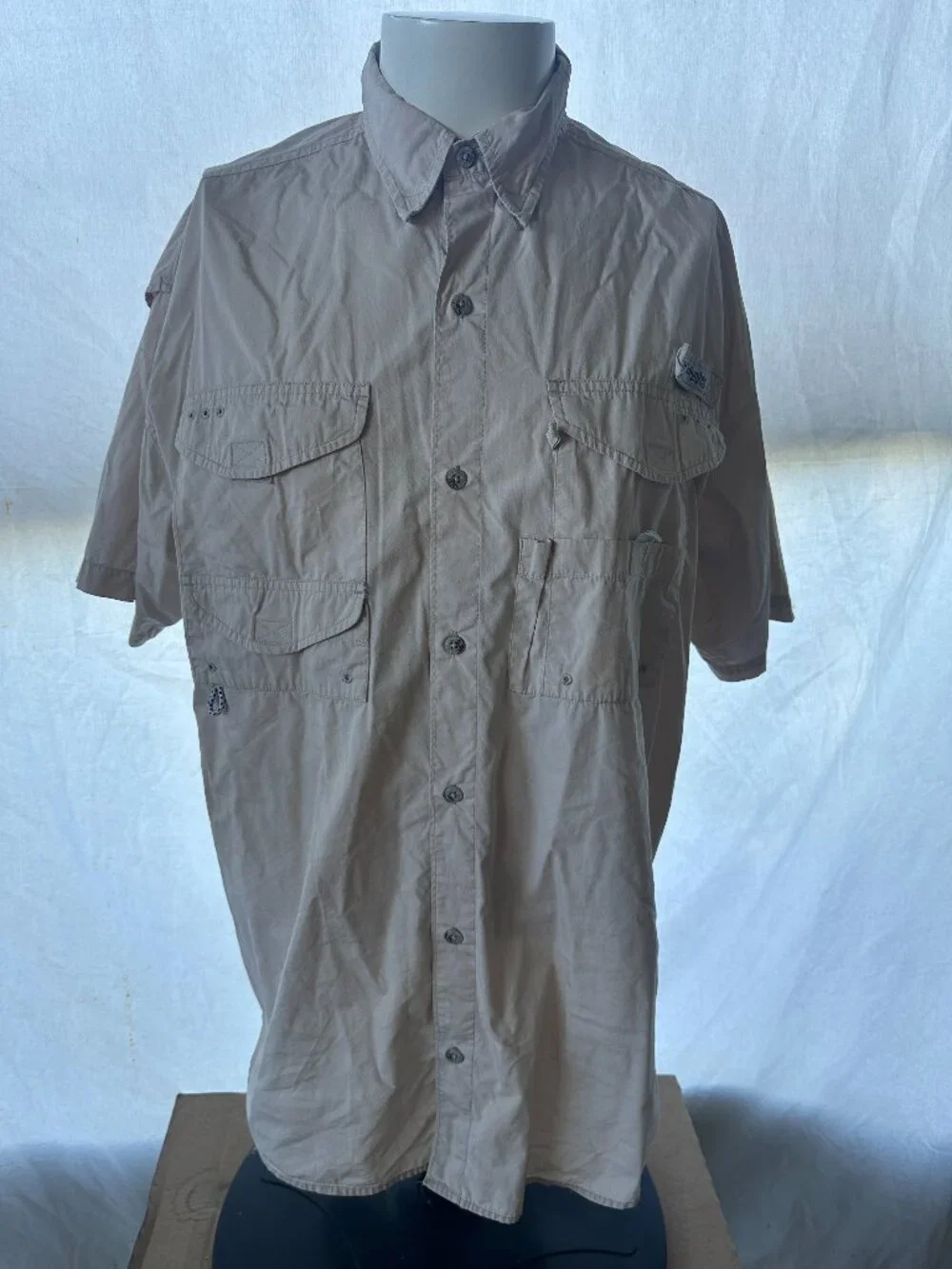 Columbia PFG Men's Light Brown SS Button Front Shirt Large Polyester Fishing Cam
